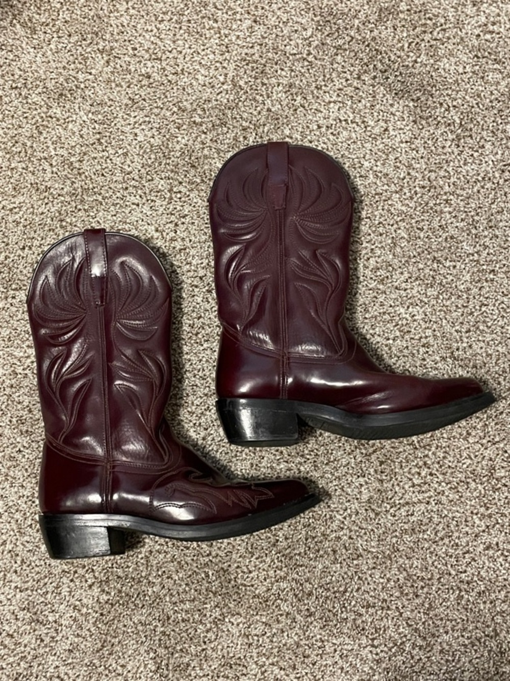 Wine-Colored/Cherry Leather Western Boots with Embroidered Shaft